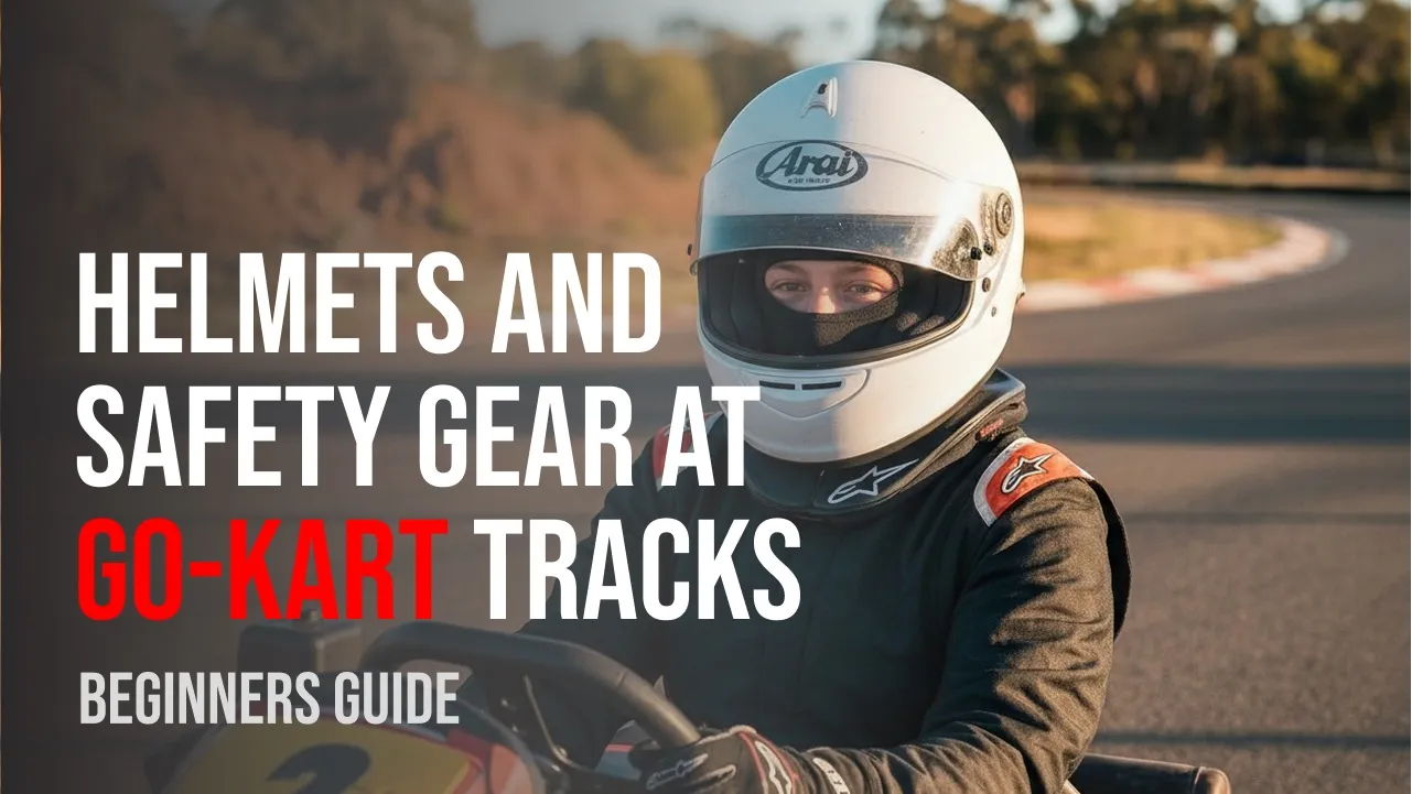 A go-kart racer wearing a full-face helmet on the track